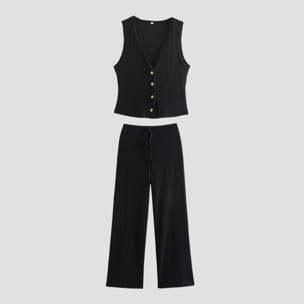 Badhie | Women's Waffle Knit Button Vest & Wide-Leg Pant Set
