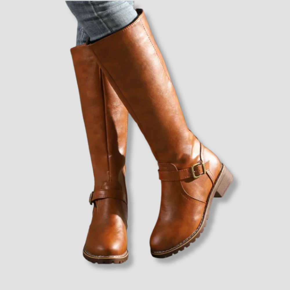 Badhie | Women’s Knee High Boots with Buckle Strap and Low Block Heel
