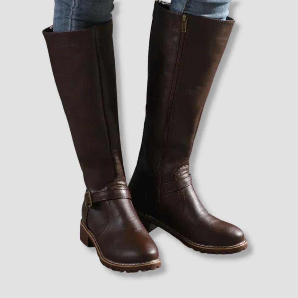 Badhie | Women’s Knee High Boots with Buckle Strap and Low Block Heel