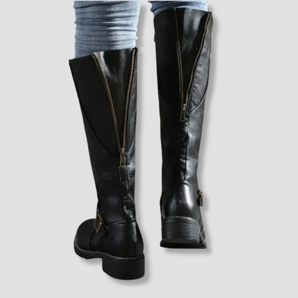 Badhie | Women’s Knee High Boots with Buckle Strap and Low Block Heel