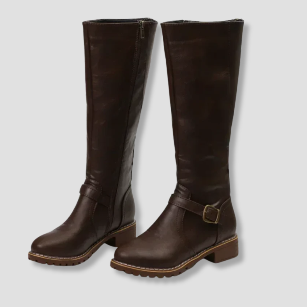 Badhie | Women’s Knee High Boots with Buckle Strap and Low Block Heel