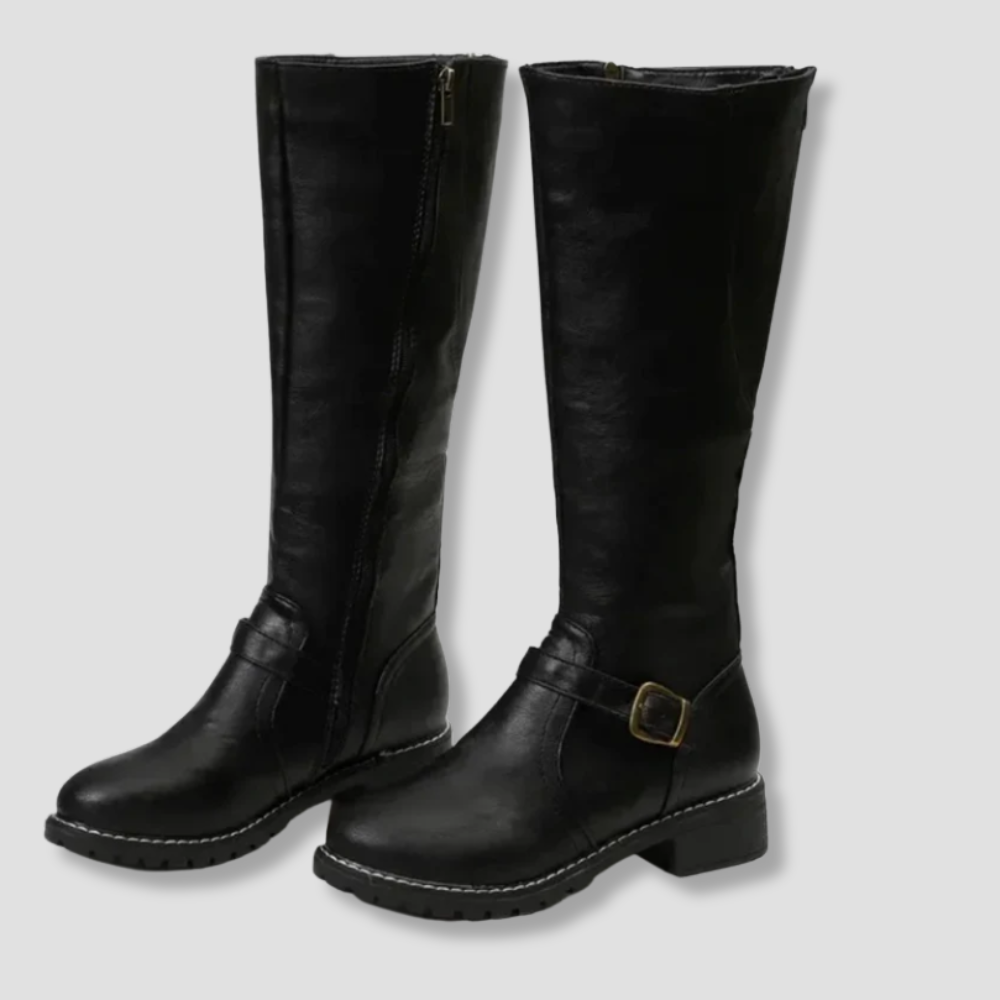 Badhie | Women’s Knee High Boots with Buckle Strap and Low Block Heel
