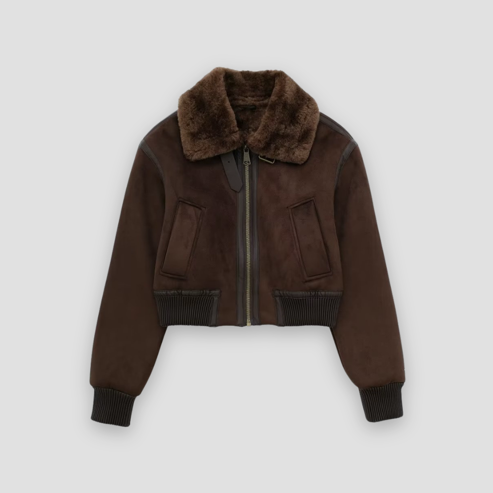 Badhie | Women’s Chocolate Brown Cropped Shearling Bomber Jacket