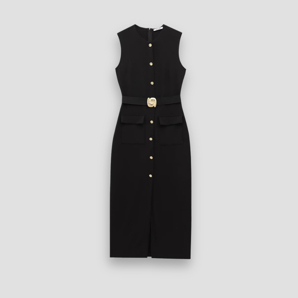 Badhie | Women's Gold Button Belted Midi Dress