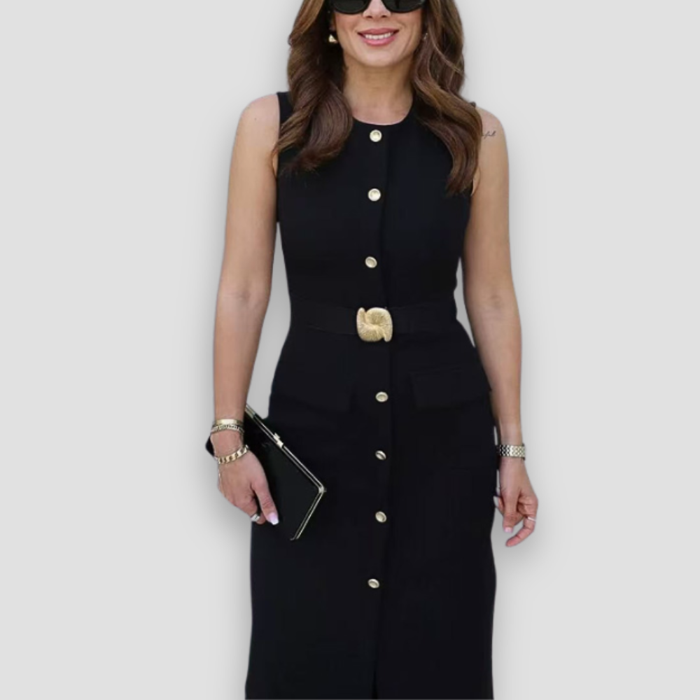Badhie | Women's Gold Button Belted Midi Dress