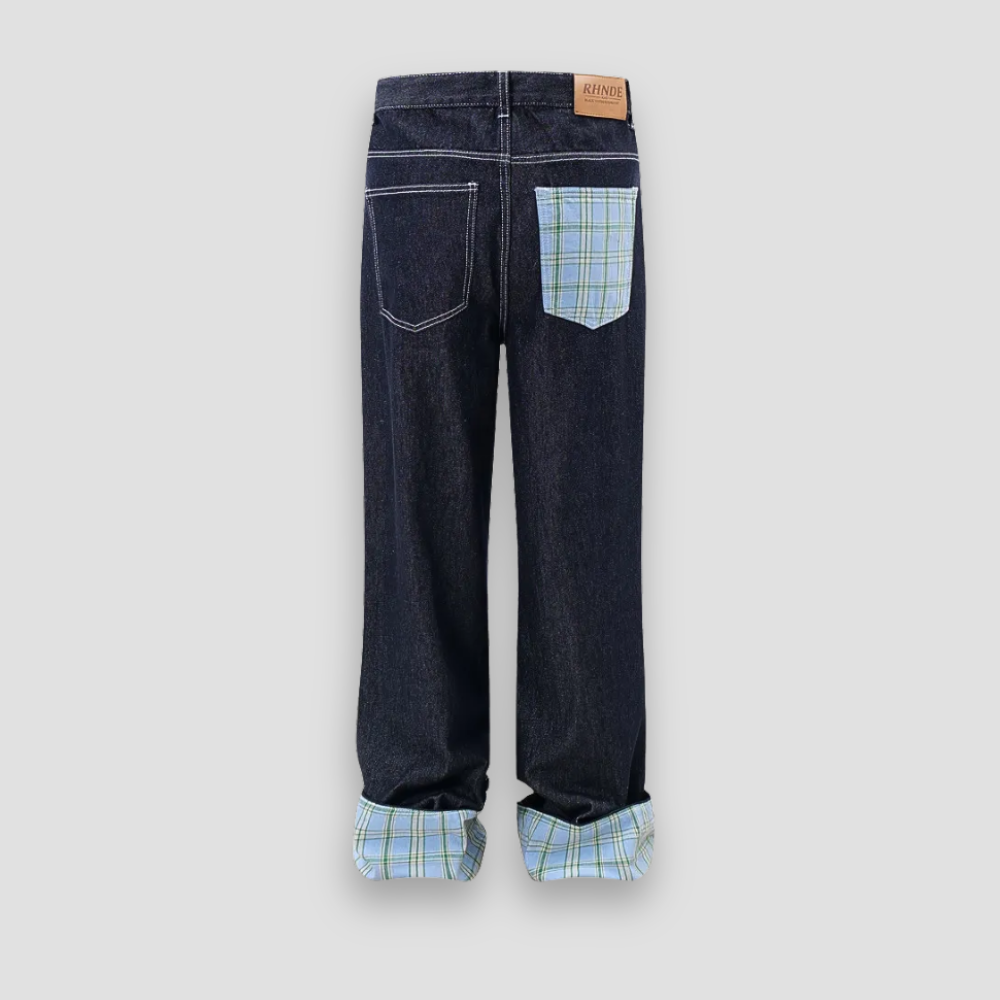 Badhie | Women's Plaid Patch Wide-Leg Jeans
