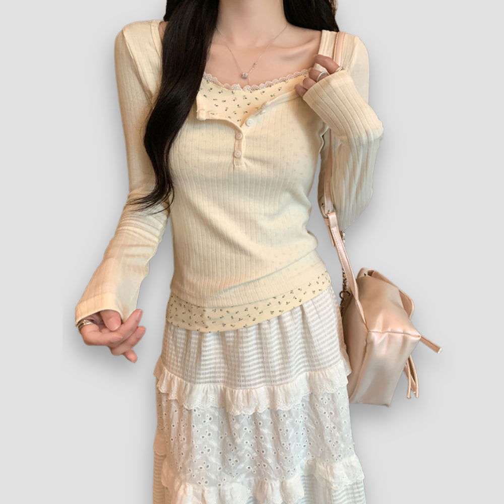 Badhie | Women’s Long Sleeve Ribbed Lace Trim Top