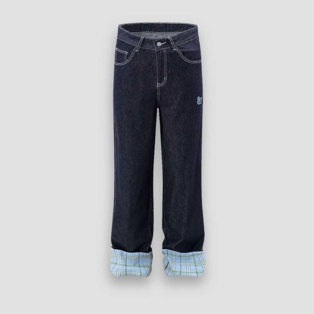 Badhie | Women's Plaid Patch Wide-Leg Jeans