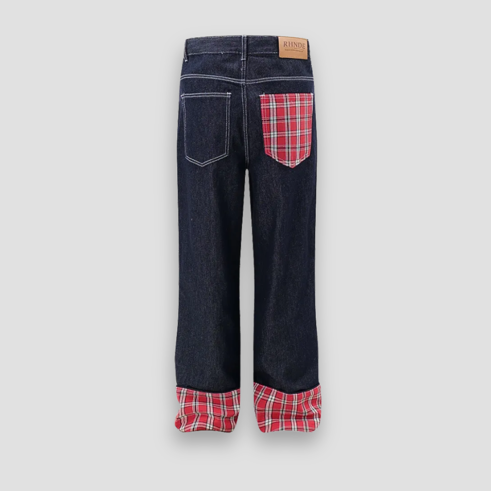 Badhie | Women's Plaid Patch Wide-Leg Jeans