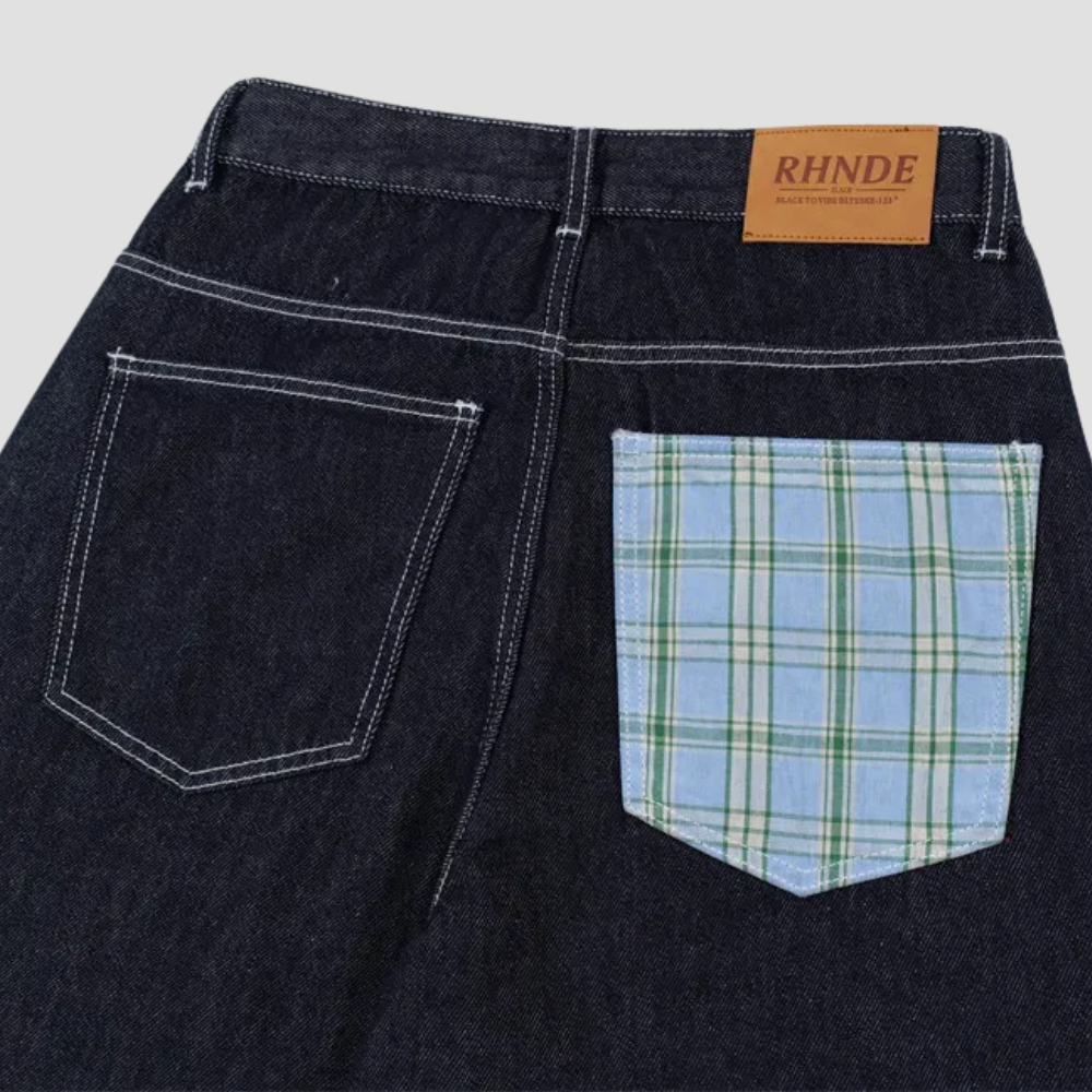 Badhie | Women's Plaid Patch Wide-Leg Jeans
