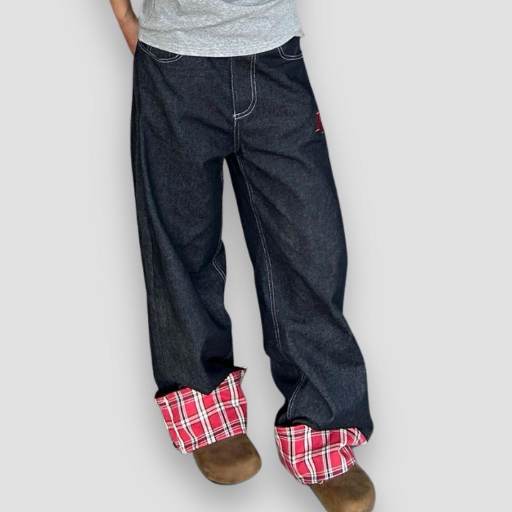 Badhie | Women's Plaid Patch Wide-Leg Jeans