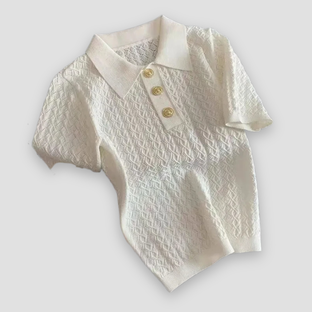 Badhie | Women’s Textured Knit Polo Top with Gold Button Detail