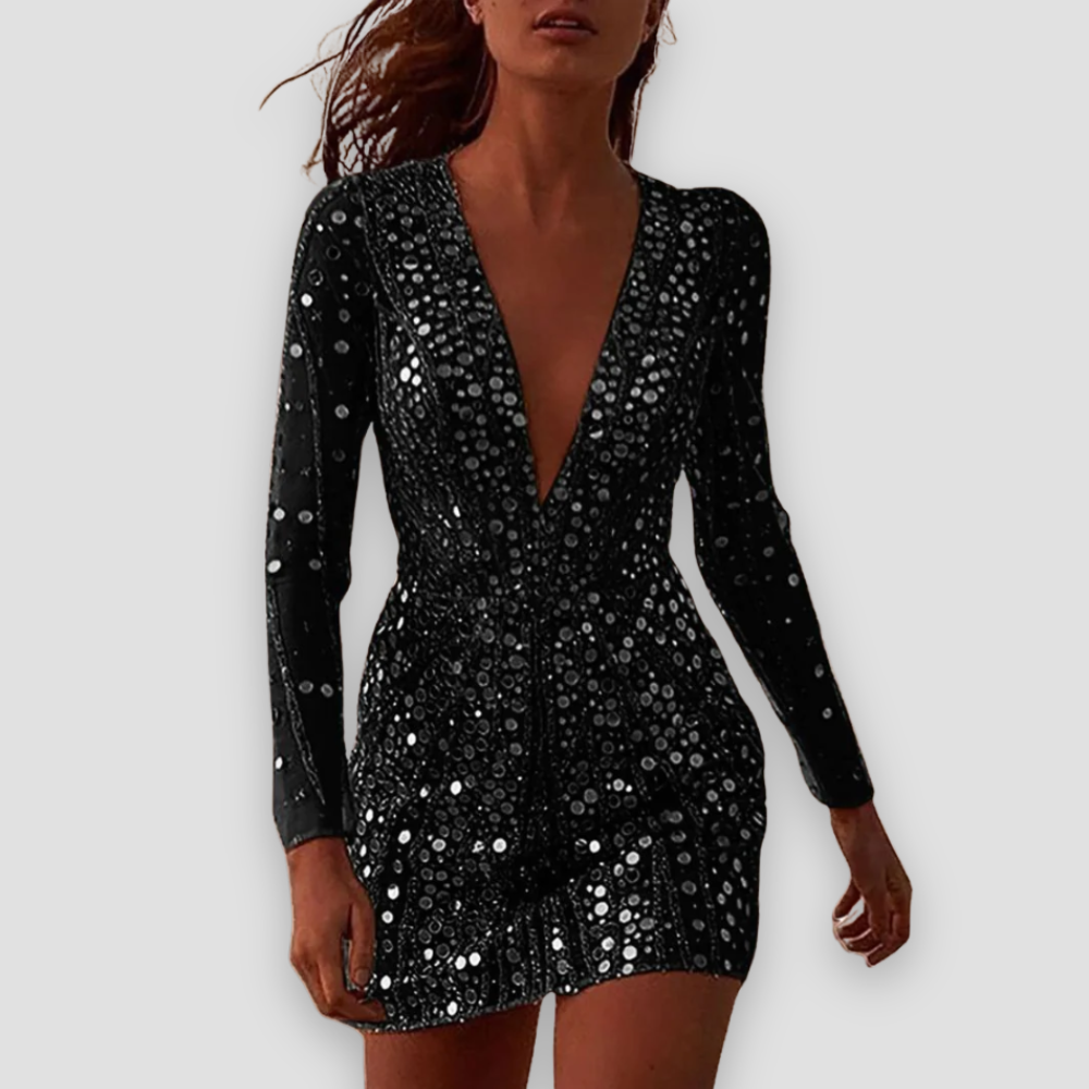 Badhie | Women’s Glitter Dress Sequin Deep V Mini Dress