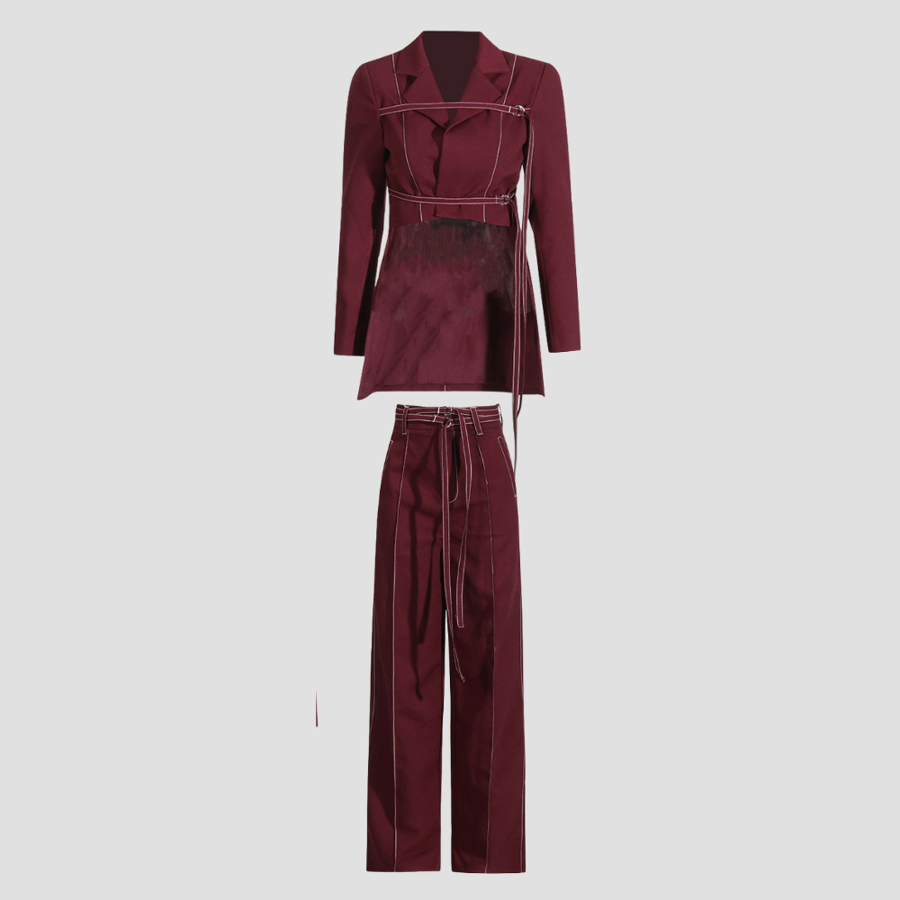 Badhie | Women's Wine Contrast-Stitch Blazer & Pant Set