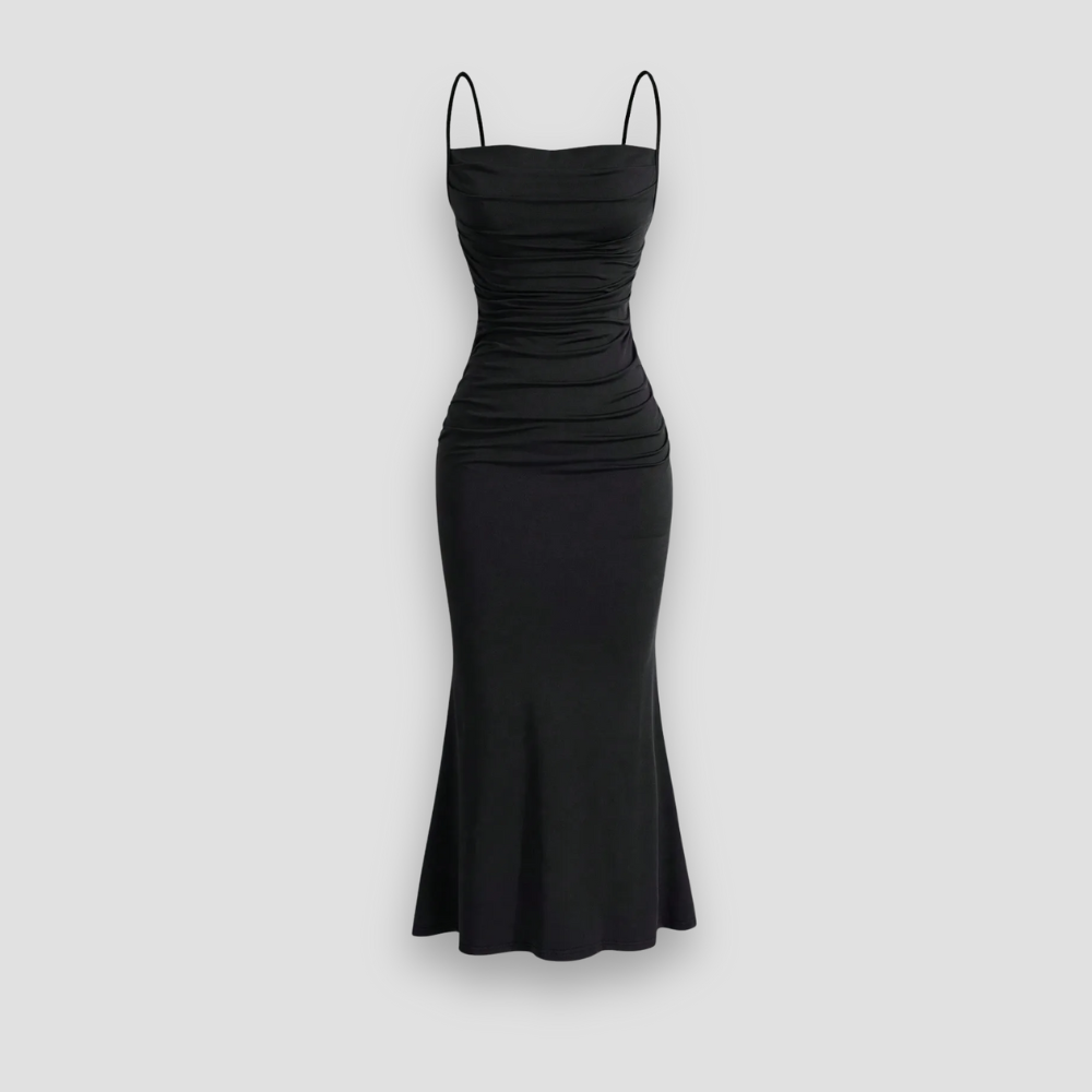 Badhie | Women's Ruched Spaghetti Strap Mermaid Midi Dress