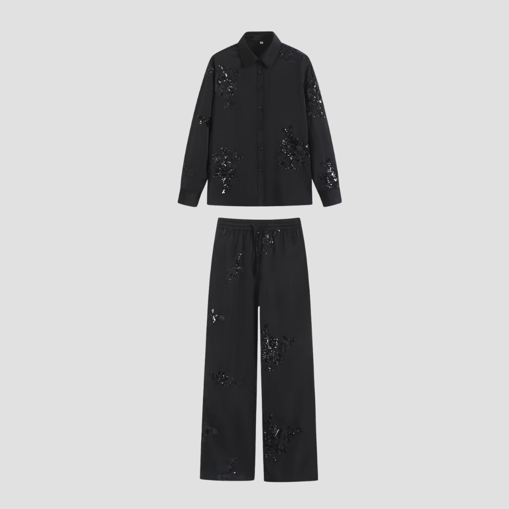 Badhie | Women's Sequin Floral Glitter Button-Up & Pant Set