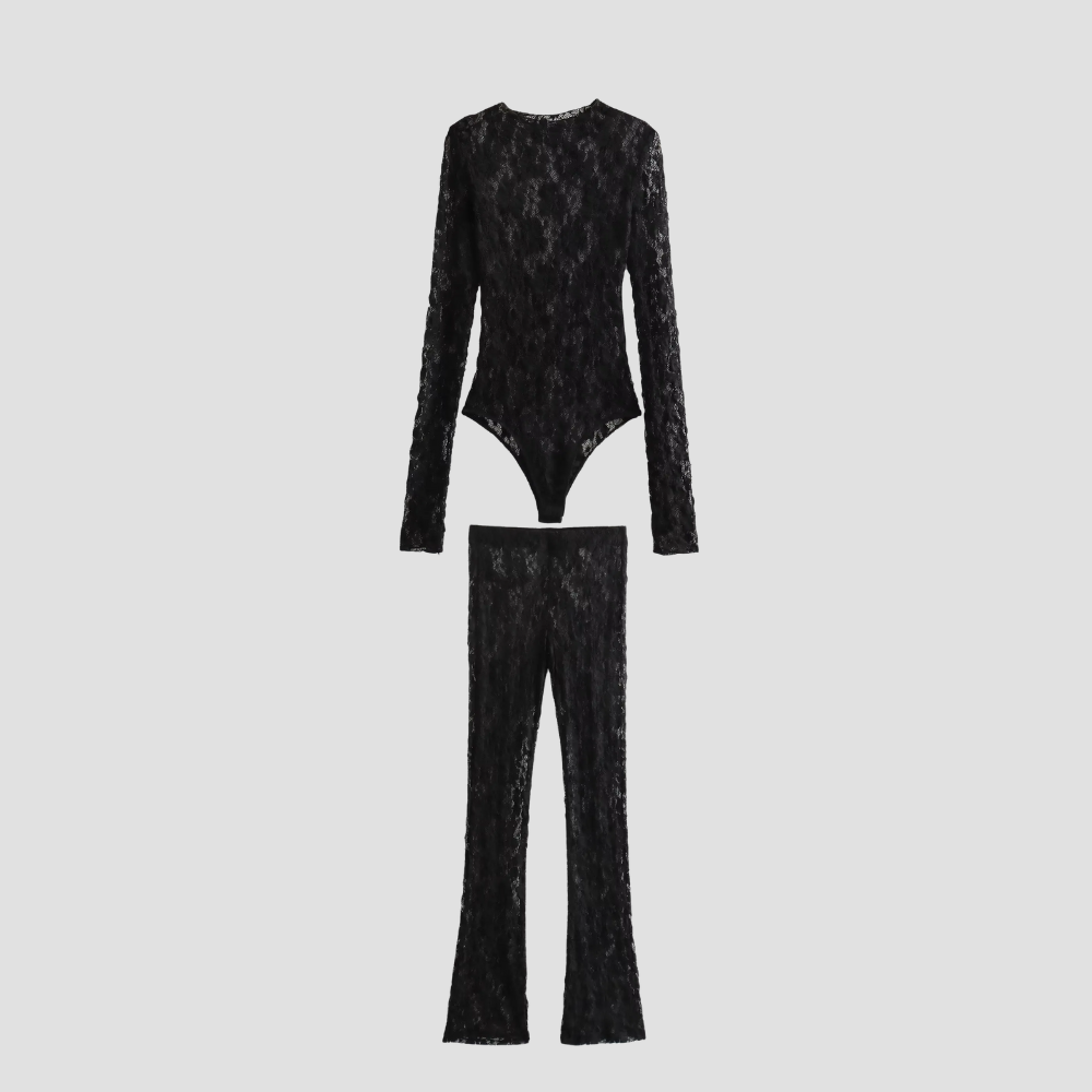 Badhie | Women’s Black Lace Sheer Bodysuit & Pant Set
