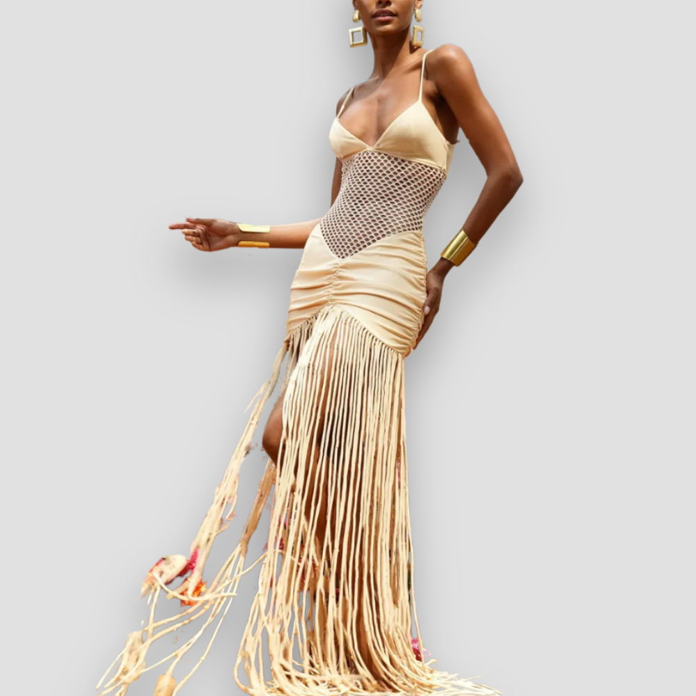 Badhie | Women's Mesh Panel Fringe Maxi Dress
