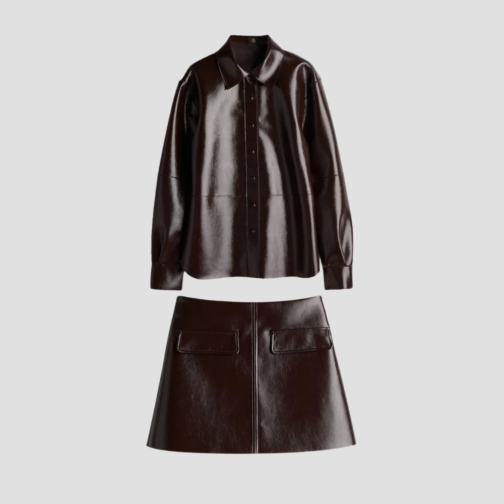Badhie | Women’s Chocolate Faux Leather Shirt & Skirt Set