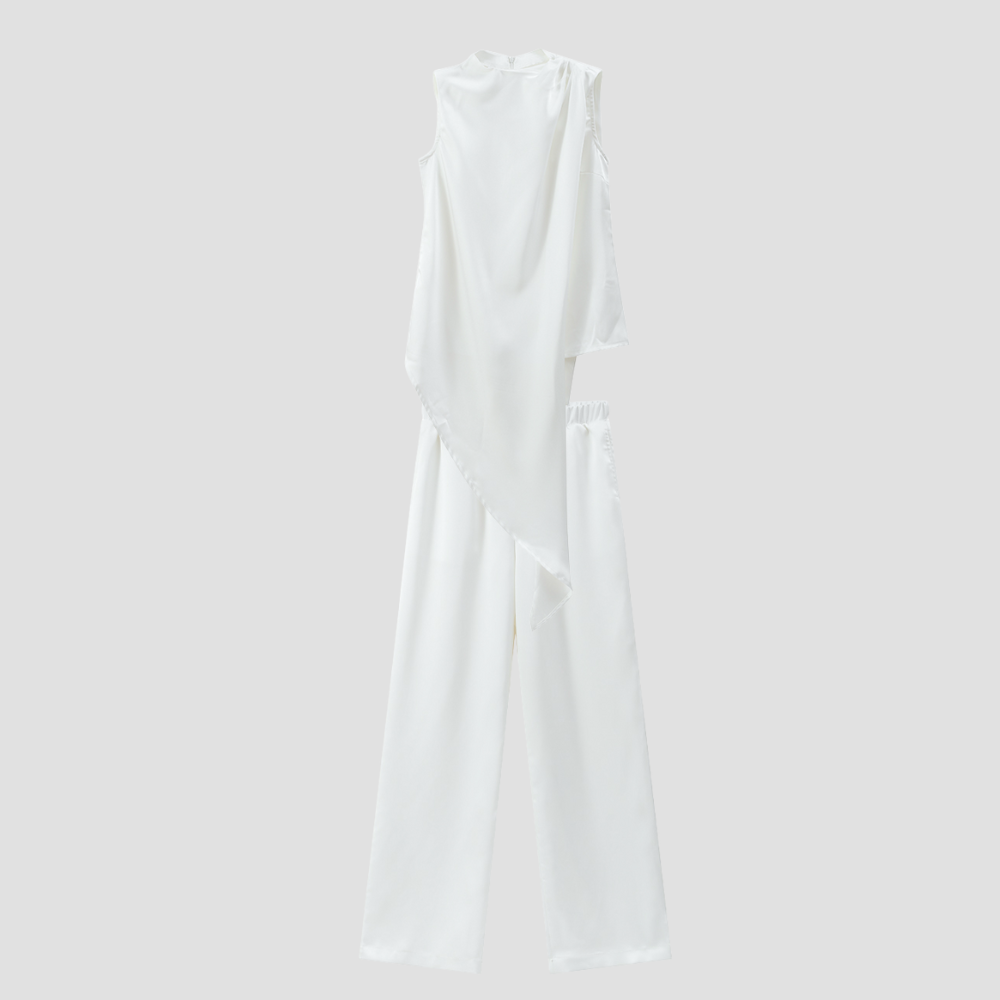 Badhie | Women’s Asymmetric Satin Drape Top & Wide-Leg Pants Set