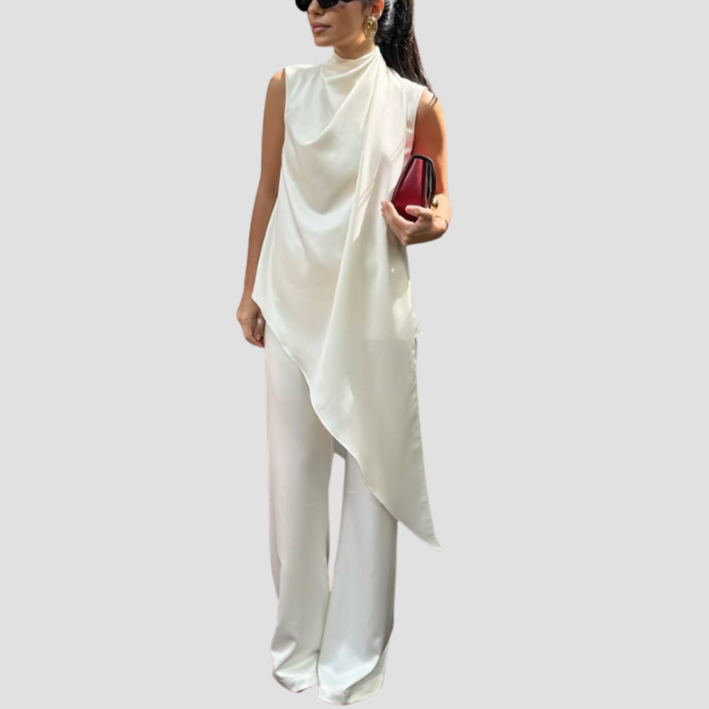 Badhie | Women’s Asymmetric Satin Drape Top & Wide-Leg Pants Set