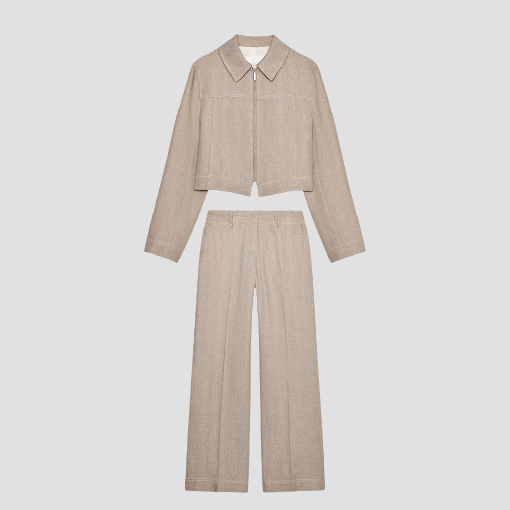 Badhie | Women’s Beige Cropped Zip Jacket & Wide-Leg Pants Set