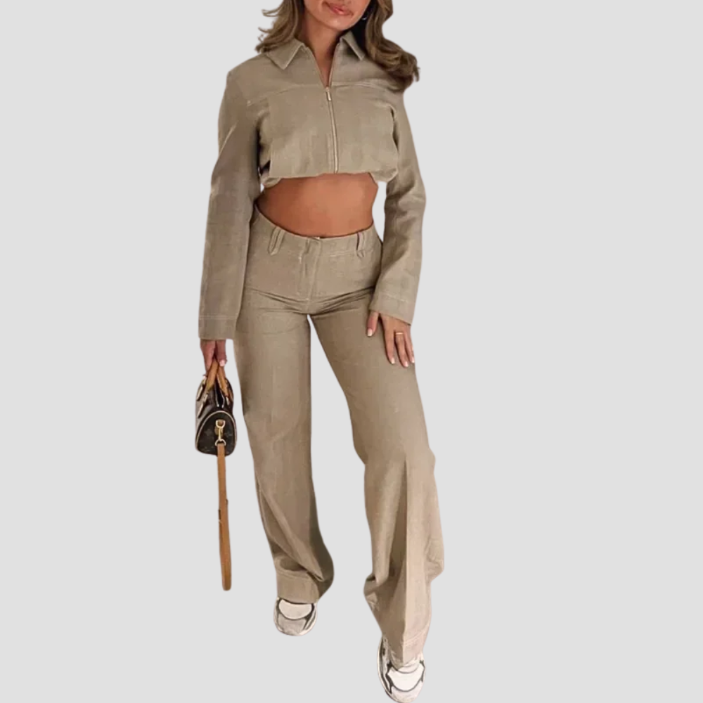 Badhie | Women’s Beige Cropped Zip Jacket & Wide-Leg Pants Set
