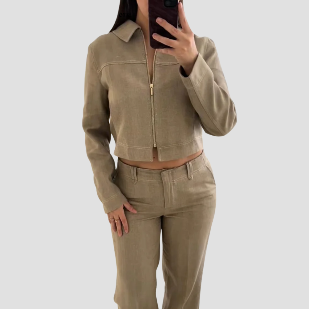 Badhie | Women’s Beige Cropped Zip Jacket & Wide-Leg Pants Set