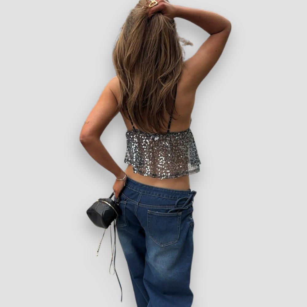 Badhie | Women's Sequin Sheer Glitter Flare Cami Top