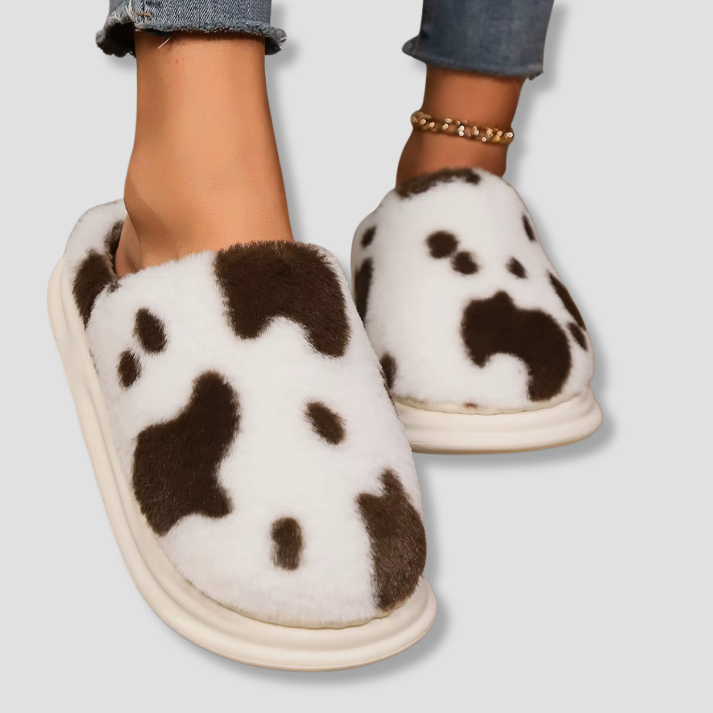 Badhie | Women’s Plush Cow-Print House Slippers