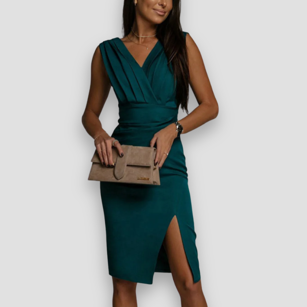 Badhie | Women’s Party Pleated V-Neck Midi Slit  Dress