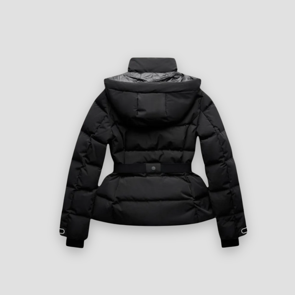 Badhie | Women’s Black Winter Puffer Jacket with Belted Waist and High Collar
