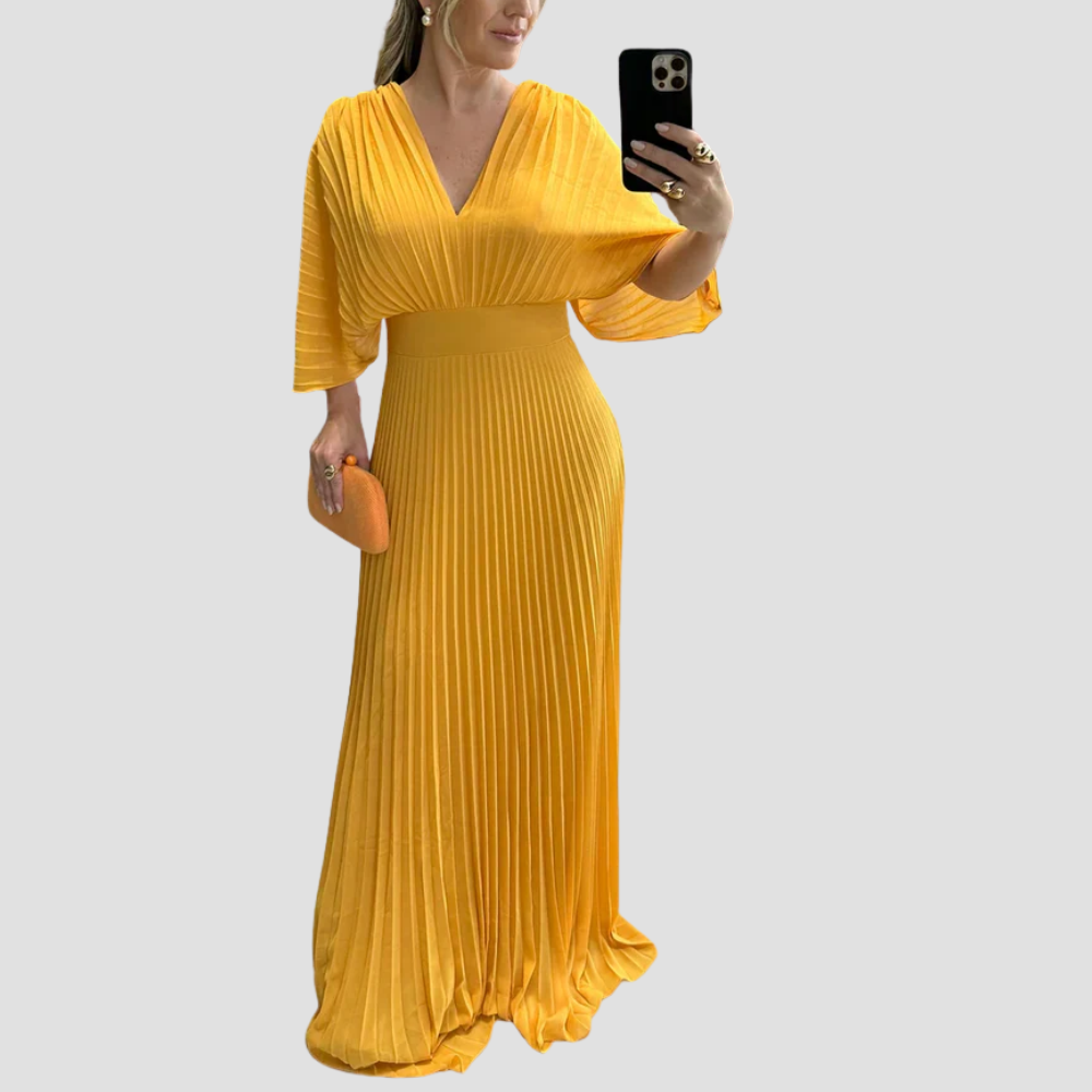 Badhie | Women’s Pleated V-Neck Elegant Evening Maxi Dress
