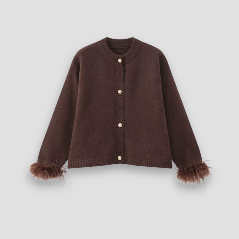 Badhie | Women’s Button-Front Knit Cardigan with Feather Cuff Detail
