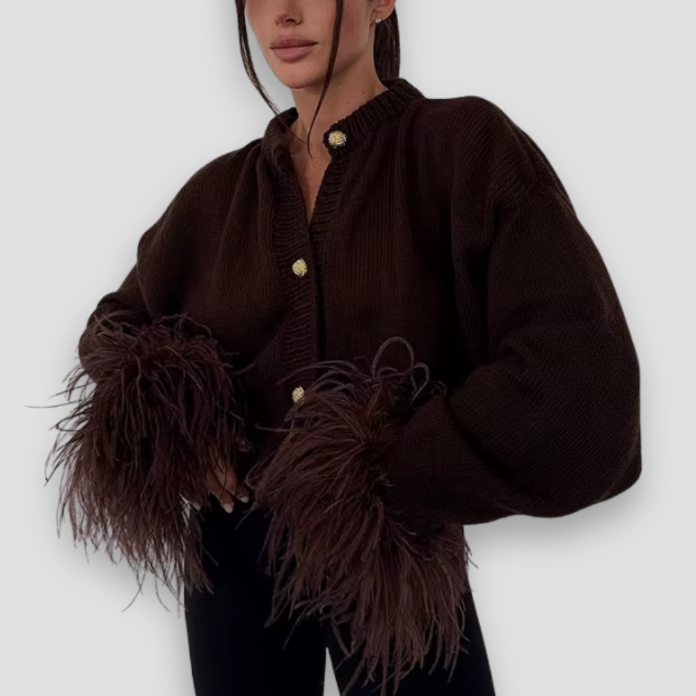 Badhie | Women’s Button-Front Knit Cardigan with Feather Cuff Detail