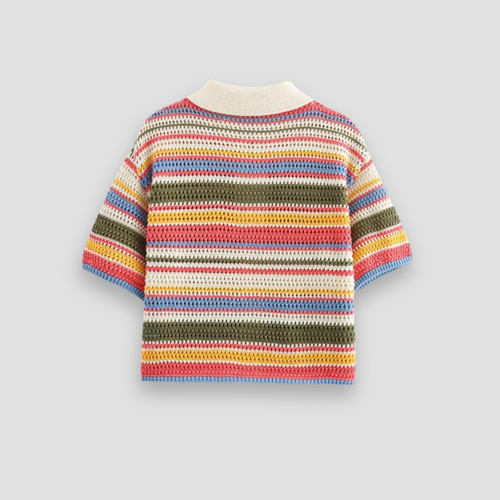 Badhie | Women’s Retro Striped Crochet Button-Up Polo