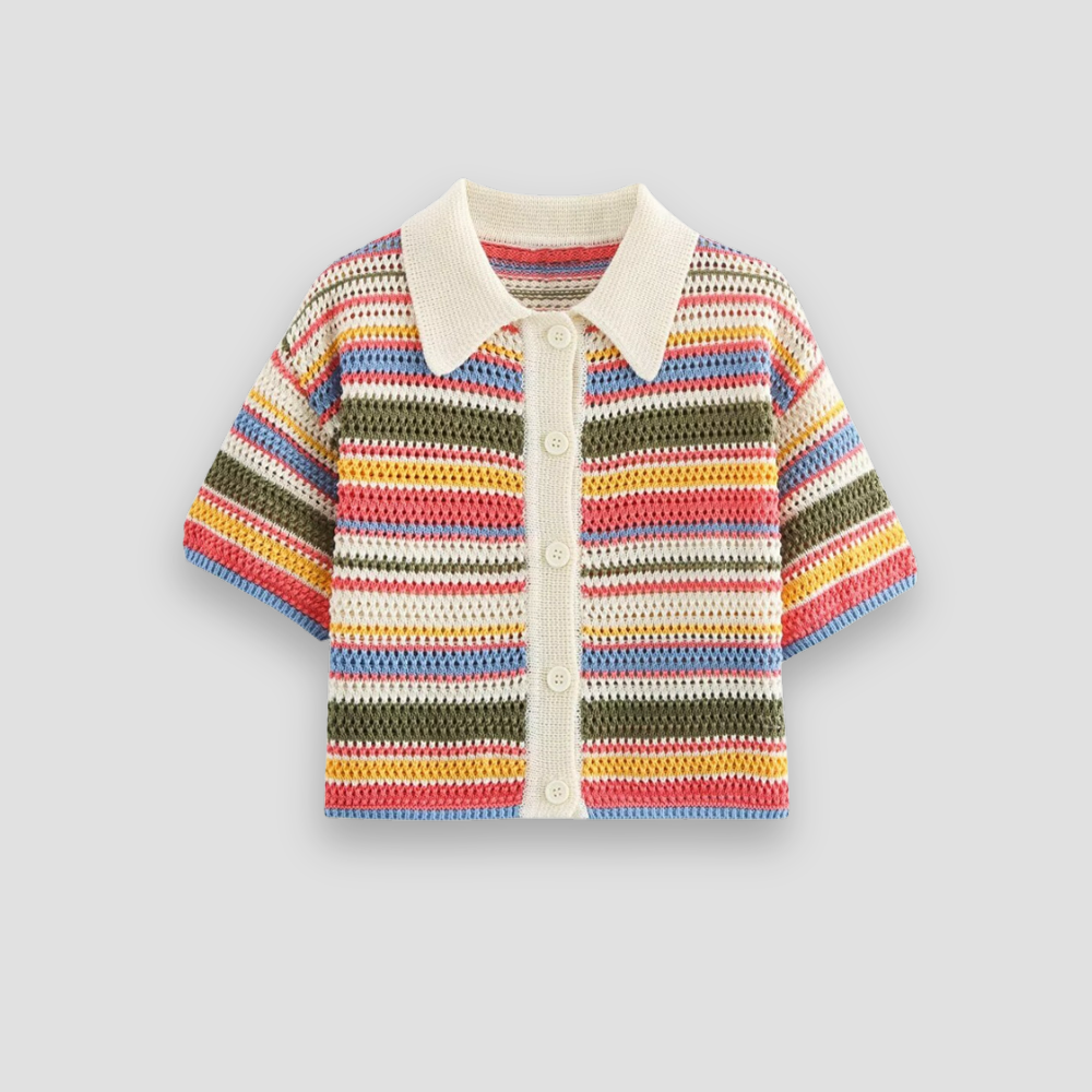 Badhie | Women’s Retro Striped Crochet Button-Up Polo