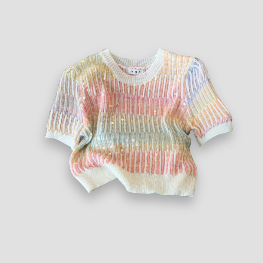 Badhie | Women’s Pastel Crochet Sequin Sparkle Soft Knit Top