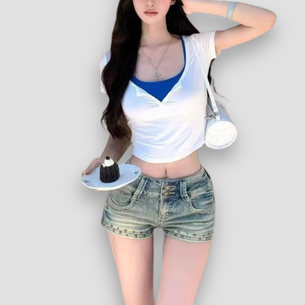 Badhie | Women’s Vintage Studded Denim Mini Shorts