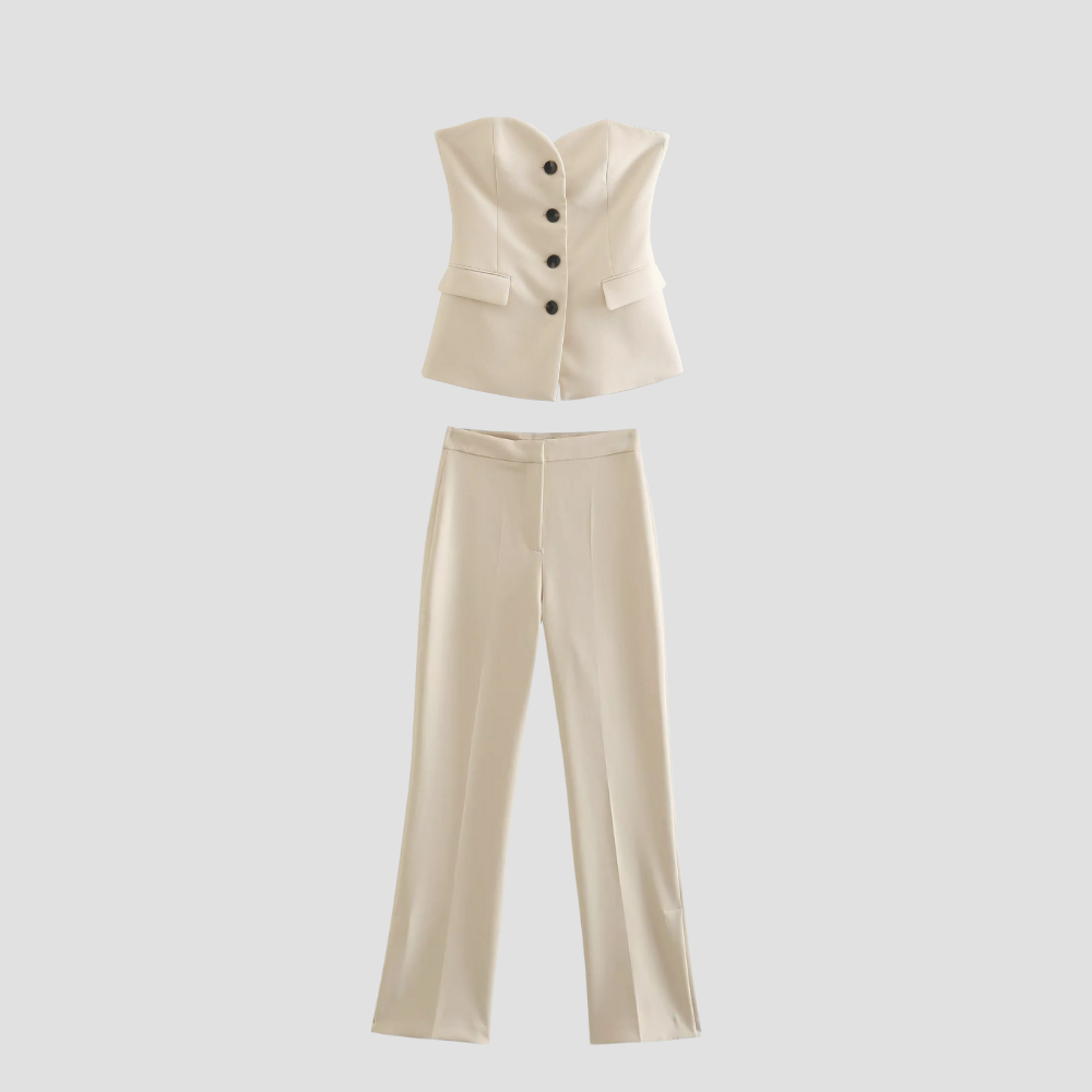 Badhie | Women's Strapless Button-Front Blazer & Tailored Trousers Set