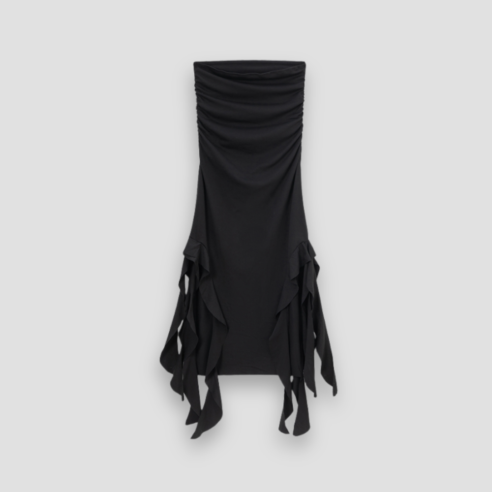 Badhie | Women’s Strapless Ruffle Trim High Slit Dress