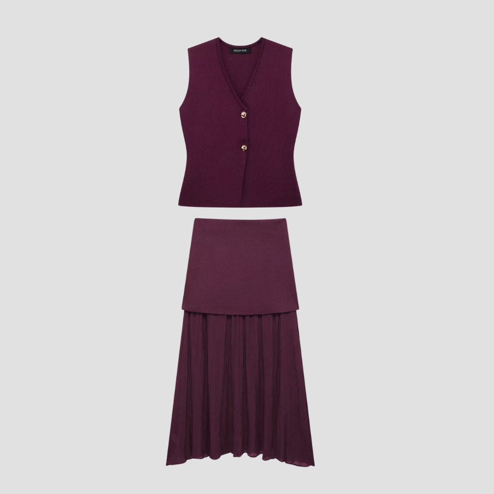 Badhie | Women’s Knit Button Vest & Sheer Pleated Skirt Set