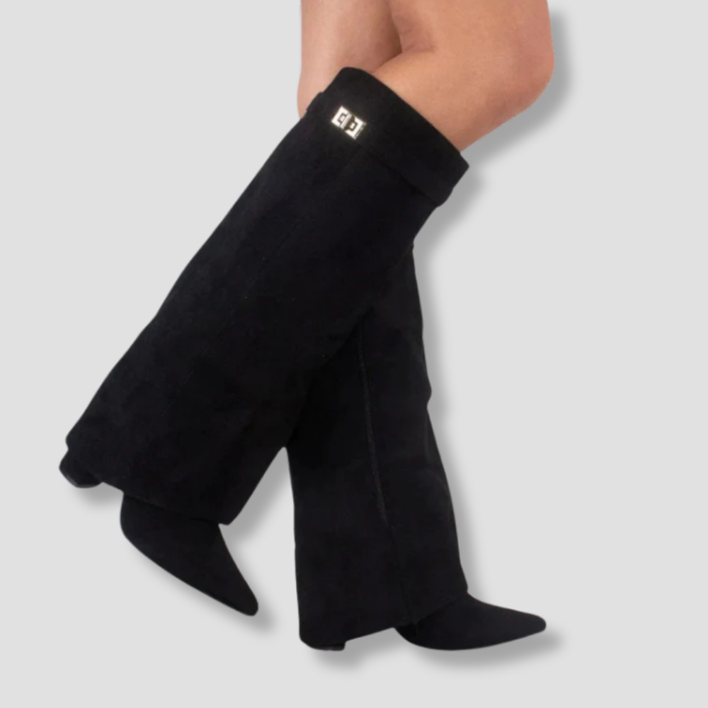 Badhie | Women’s Knee-High Boots Wide-Leg Overlap Block Heel