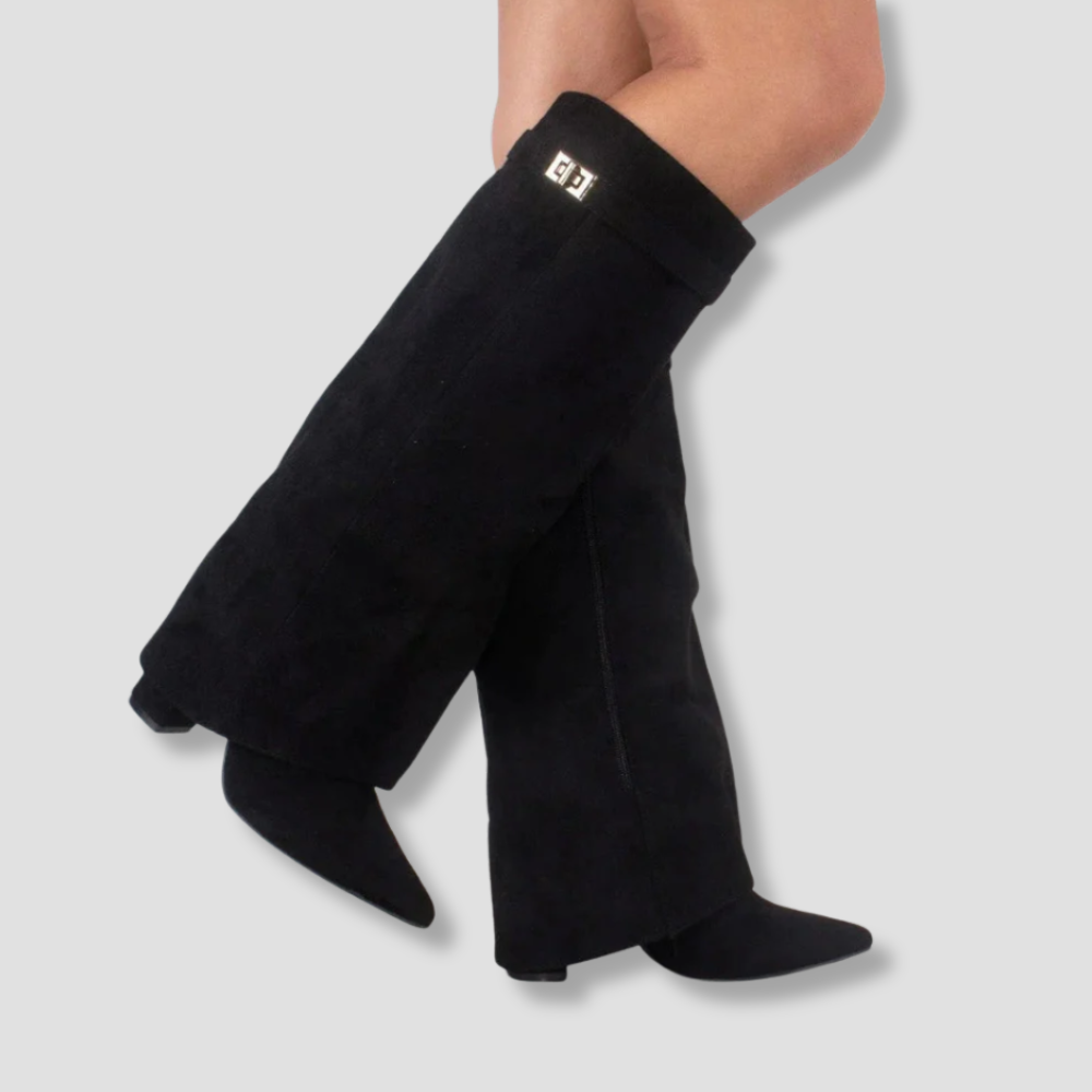 Badhie | Women’s Knee-High Boots Wide-Leg Overlap Block Heel