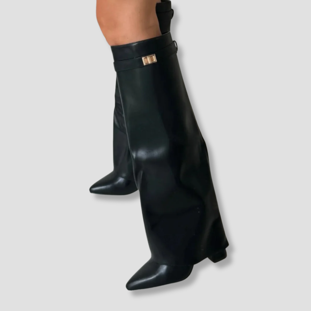 Badhie | Women’s Knee-High Boots Wide-Leg Overlap Block Heel