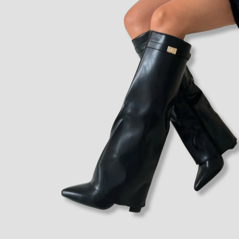 Badhie | Women’s Knee-High Boots Wide-Leg Overlap Block Heel