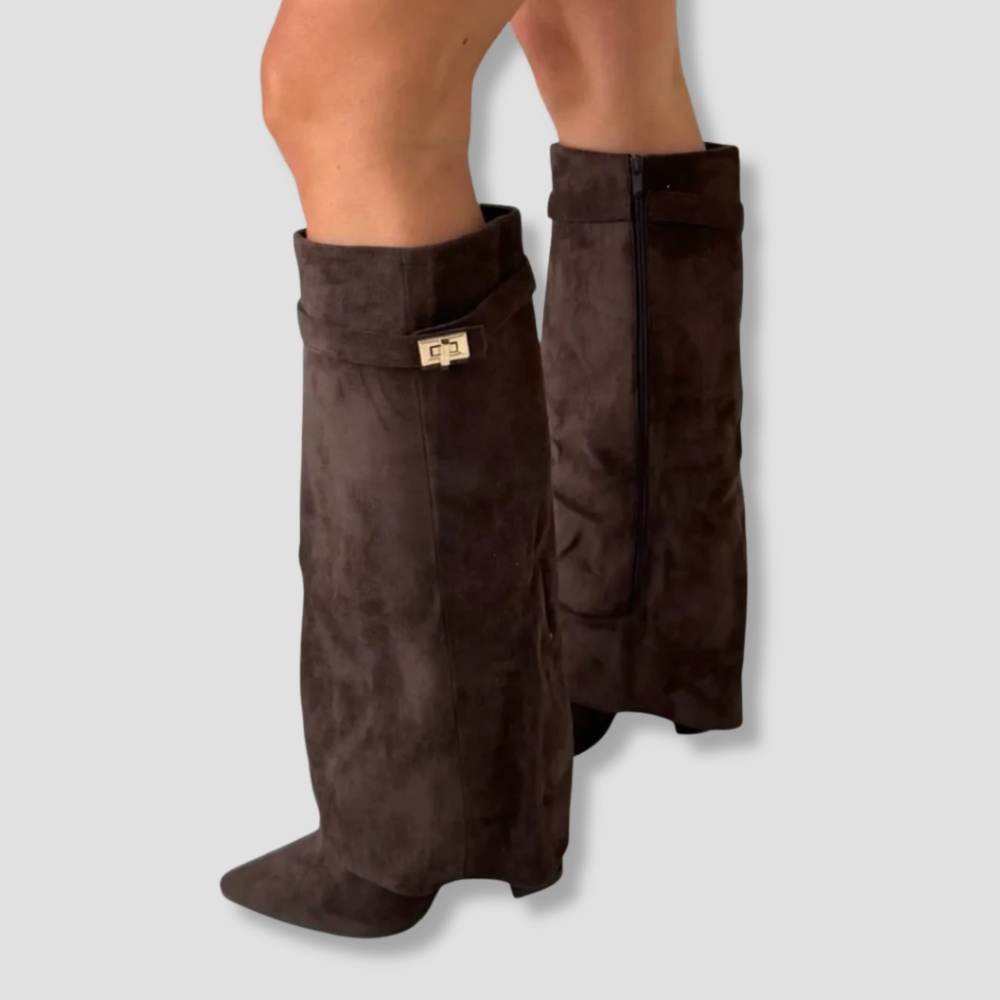 Badhie | Women’s Knee-High Boots Wide-Leg Overlap Block Heel