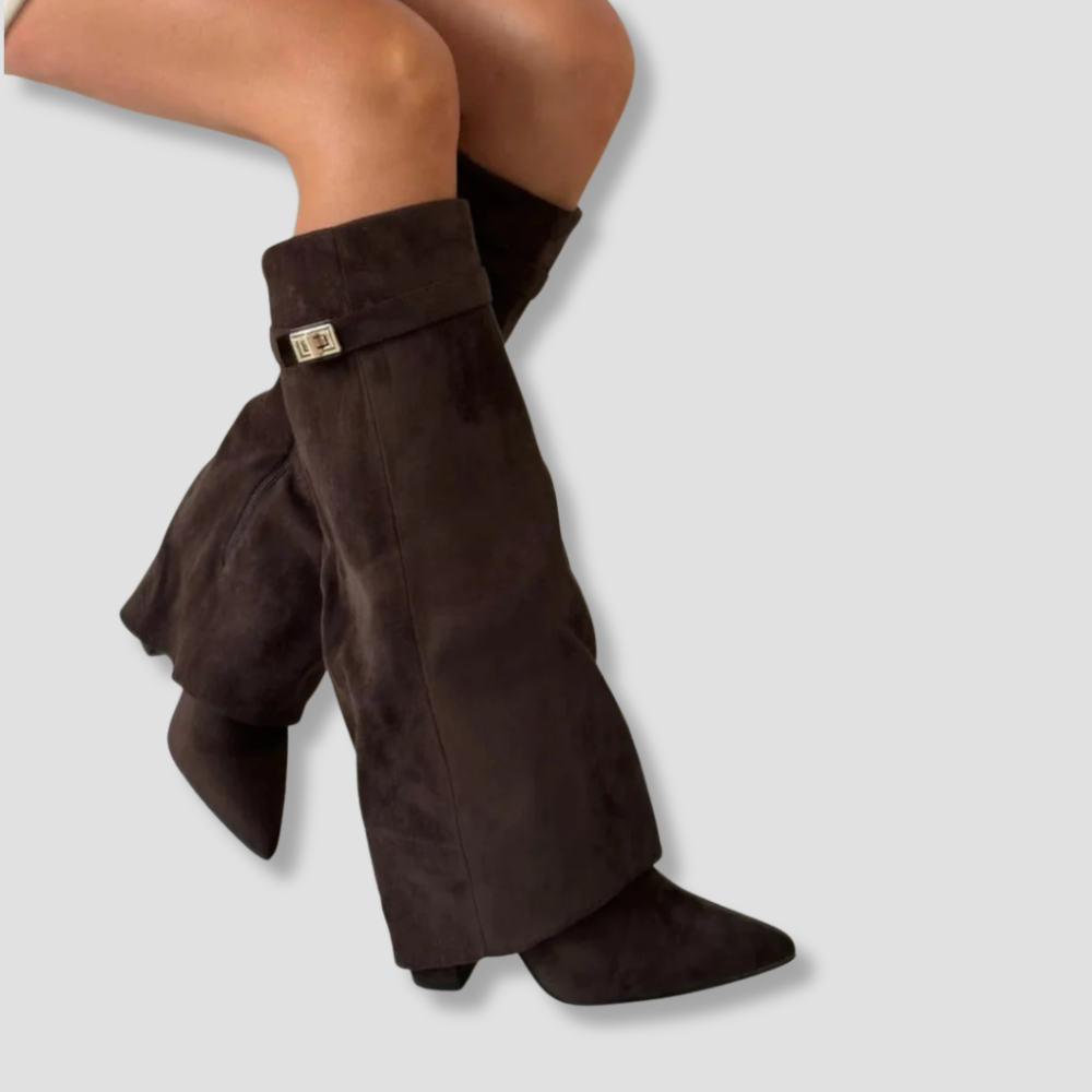 Badhie | Women’s Knee-High Boots Wide-Leg Overlap Block Heel