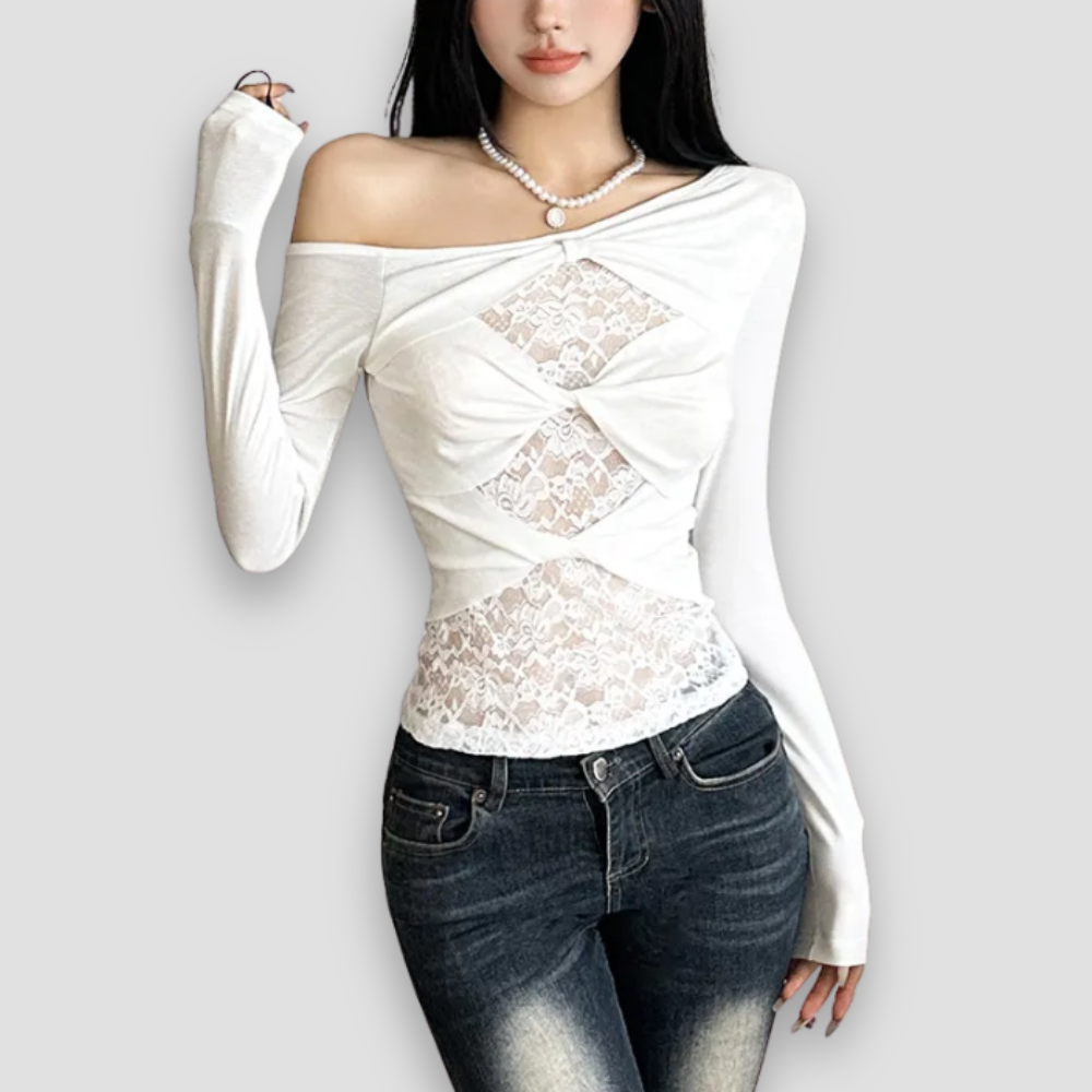 Badhie | Women’s Off-Shoulder Lace Panel Long Sleeve Top