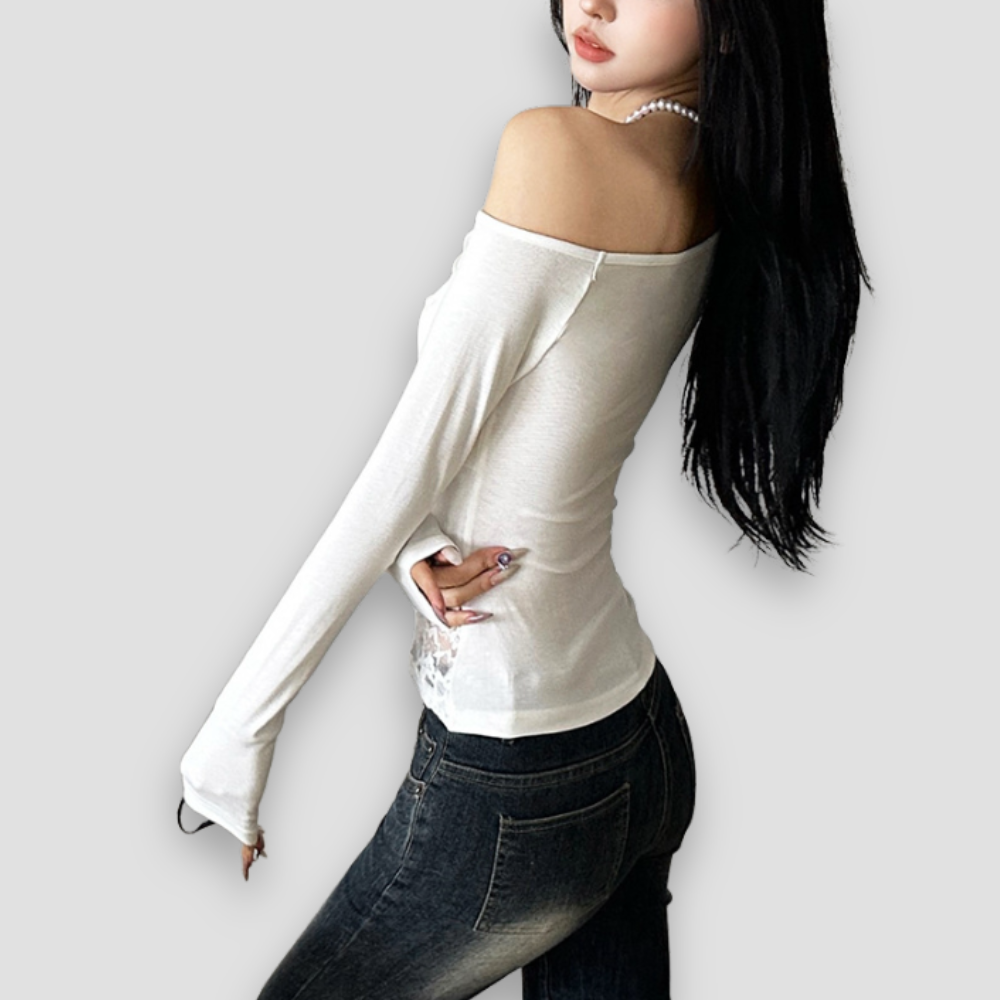 Badhie | Women’s Off-Shoulder Lace Panel Long Sleeve Top